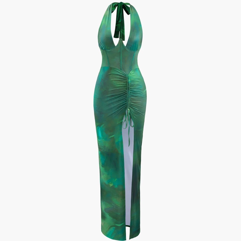 Printed Halter Corset Drawstring Slit Midi Dress